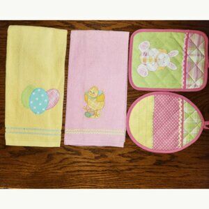 NEW 2 EASTER THEME KITCHEN TOWELS AND 2 POTHOLDERS, COTTON, NEW